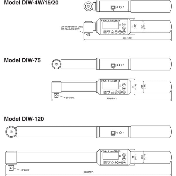 Cedar DIW-15 Lightweight Digital Torque Tester / Wrench, 1/4" Drive, Capacity 130 lbf-in